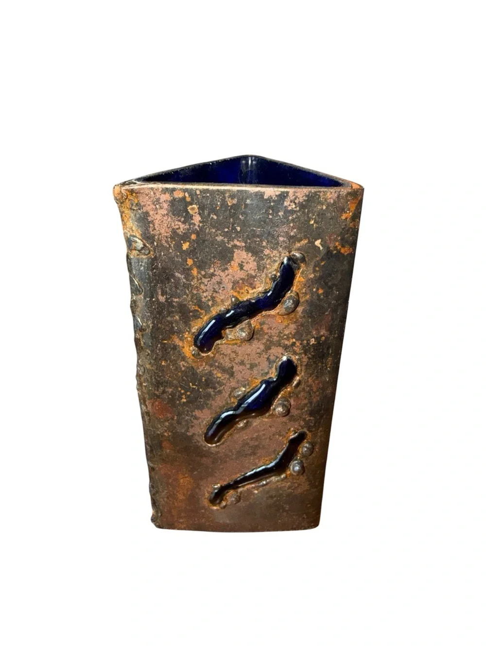 Brutalist Copper With Cobalt Blue Caged Rectangular Vase 1960’s Mid Century